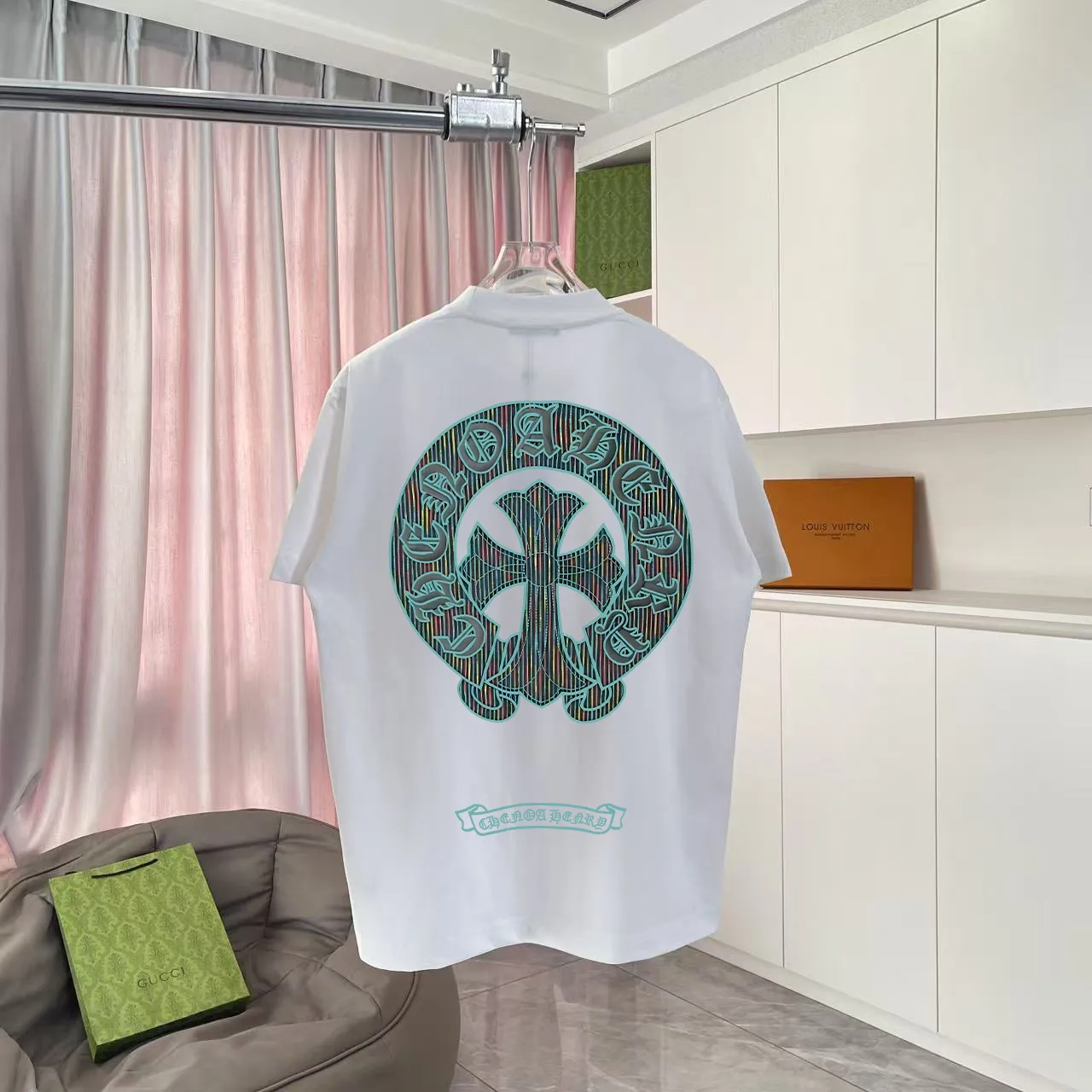 🅿️170 ch Crow*2025 summer new style Sanskrit cross horseshoe print short-sleeved T-shirt customized fabric 300g same style for men and women Size: S M L XL XXL five sizes Color: black white pink rose red iron gray